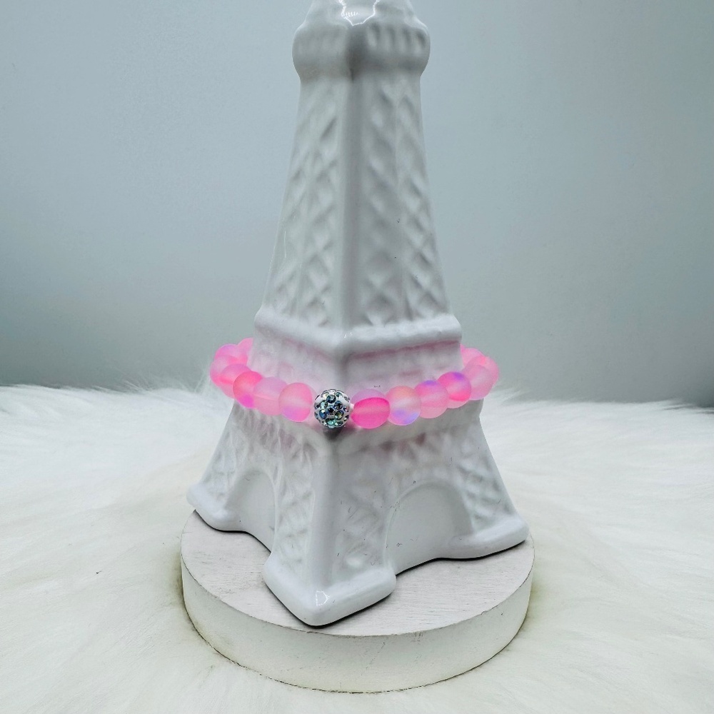 Chic Pink Matte Moonstone Beaded Bracelet w/ Rhinestone